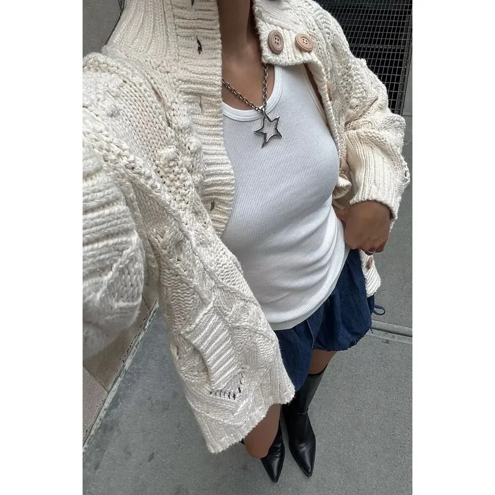 Free People Heart You Cardigan Ivory Button-Up Cardigan Sweater Size Medium